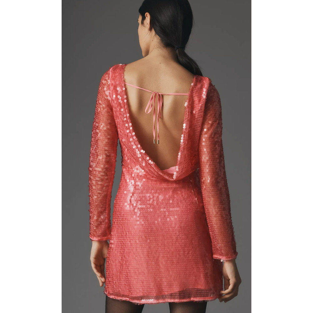 NEW ANTHROPOLOGIE PINK SEQUIN DRAPE BACK MINI DRESS SZ 10 - Picture 5 of 12